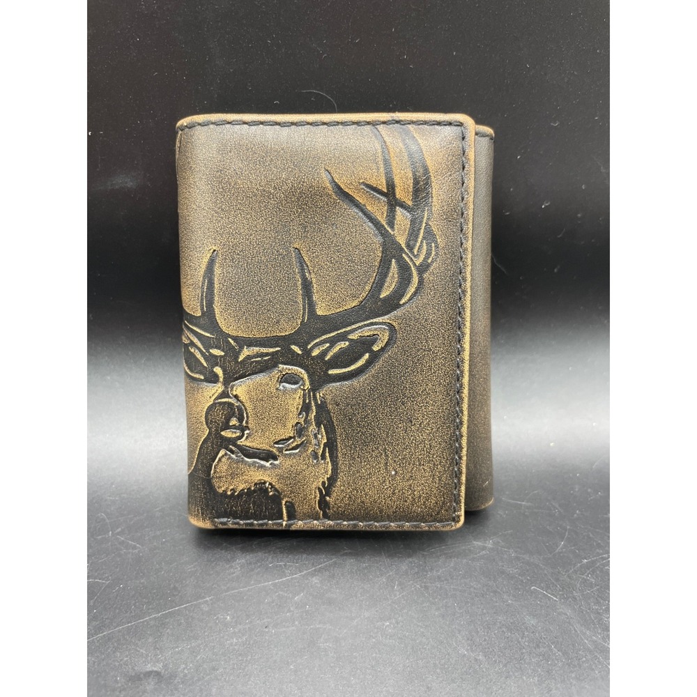 House of Jack Co Mens Trifold Wallet Brown Leather Embossed Deer Head Camo Hunt